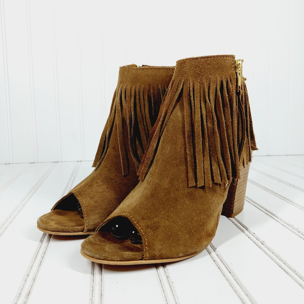 🔥 Carlos Santana Fringed Heeled Brown Suede Open Toe Ankle Booties - Picture 2 of 14
